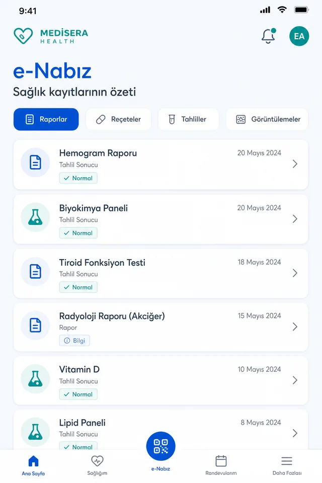Medisera uygulaması sağlık geçmişi ekranı
